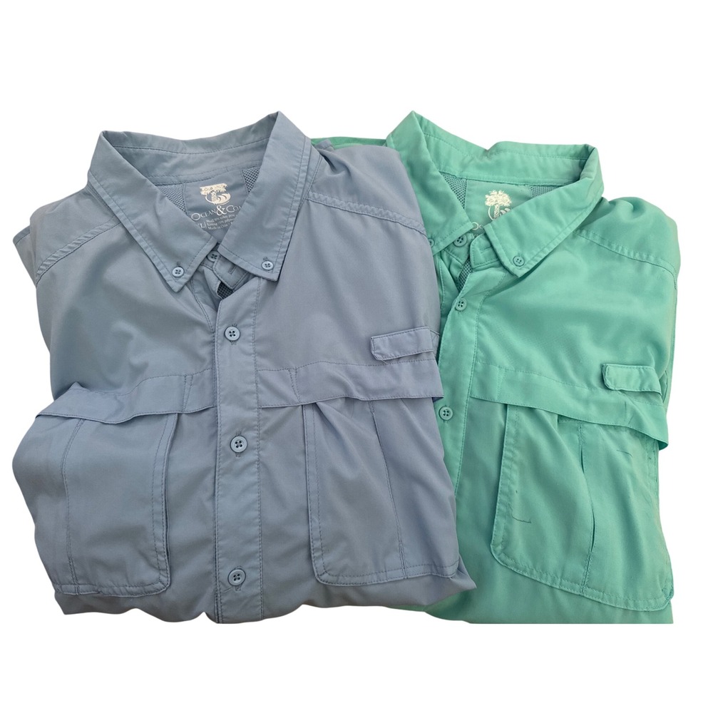 Lot -2 Ocean & Coast Mens XL Fishing Shirts Long Sleeve Blue Teal Nylon Stretch